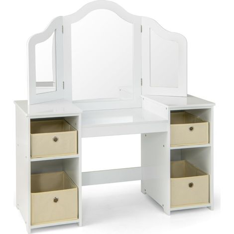 Tocador infantil 107 x 40,5 x 117 cm diseño 2 en 1 con espejo extraíble y moderno espacio de almacenaje en MDF blanco 200018875