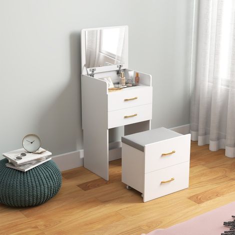 Coiffeuse 3-en-1 avec miroir, table de chevet, tabouret à roulettes et tiroirs, blanc (1/5)