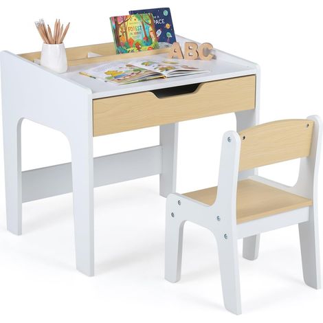 COSTWAY Table Enfant avec Chaise Bois & Tiroir & 3 Casiers Ouverts, Naturel (1/5)