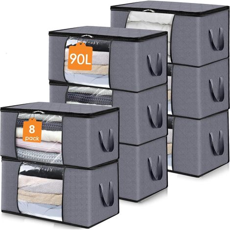 Sac de rangement pliable - Grandes boîtes de rangement durables pour linge de lit, vêtements, couvertures, oreillers - Rangement d'articles de saison (90 L x 8) (1/5)
