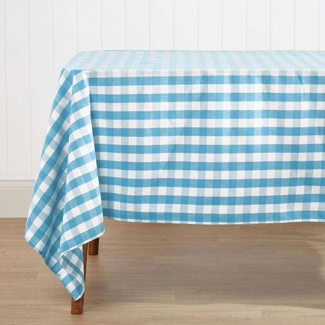 HOMESCAPES Blue Block Check Cotton Gingham Tablecloth 140 x 230 cm