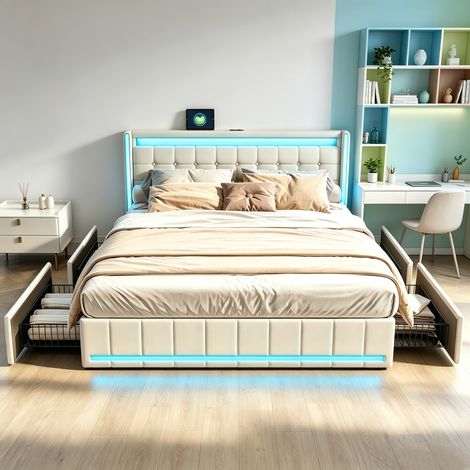 Lit double 160x200 avec LED et 4 tiroirs, Tête de Lit Capitonnée avec Ports USB et Type-C, Lit 2 Personnes avec sommier à lattes, Lin beige (1/5)