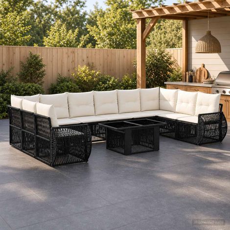 vidaXL Conjunto de sofás de jardín 11 uds. Negro y Blanco Crema (1/5)