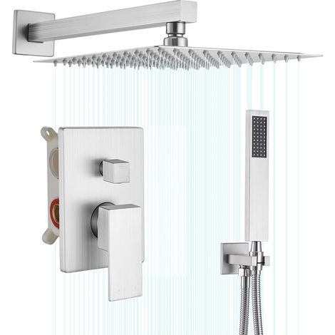 Duschsystem aus gebürstetem Nickel, Duschhahn-Set mit 10-Zoll-Duschkopf und Handbrause, wandmontiertes Hochdruck-Duschkopf-Kombi-Set mit Duschventil und Duschverkleidung, gebürstetes Nickel