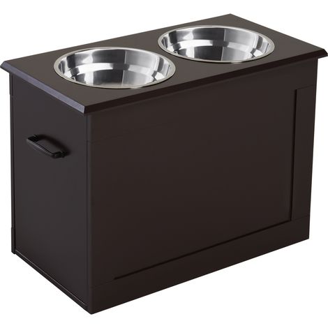 Gamelles surélevées pour chien chat, double bol réglable 60x30x41 cm, 2 coupelles 2L avec poignées, coffre en bois chocolat (1/5)