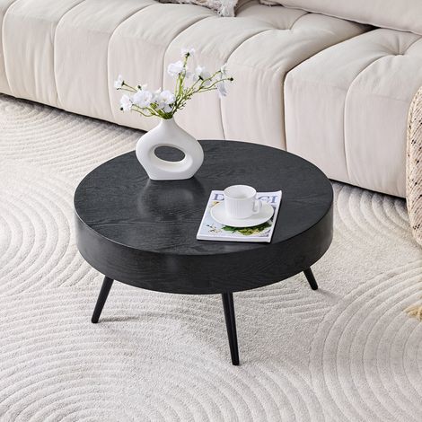 Mesa de Centro Redonda, con Patas de Metal Regulables y Patines Antideslizantes, Salón, MDF y Metal, Negro, Ø 70 × 35,5 cm (1/5)