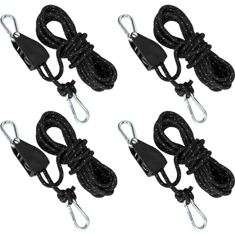 Lot de 4 poulies avec tendeur de câble, cliquet avec corde de 4 m, poulie de renvoi avec tendeur de tente, cordes de haubans avec frein à câble, convient pour camping, voile d'ombrage, tente (1/5)