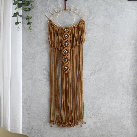 Tenture murale attrape-rêves à franges, blanc cassé, décoration bohème pour maison, suspension avec pendentif marron, filet artisanal (1/5)