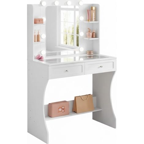 ELVMI Tocador con 2 Cajones y 4 Nichos, Espejo LED Tricolor, Encimera de Cristal, MDF Blanco, 80 x 40 x 135 cm (1/5)