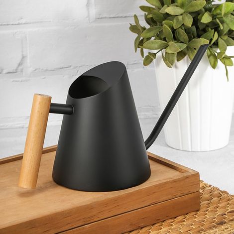 Arrosage design et pratique – Arrosoir en acier inoxydable 900ml à long bec et poignée en bois – Pour plantes d’intérieur, fleurs, bonsaïs, jardinières, jardin, bureau – Noir (1/5)