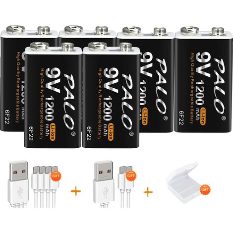 Batteria ricaricabile da 9 V, capacità 1200 mAh, ricarica micro USB, 6 unità (1/2)