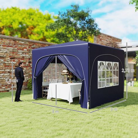 Pavillon 3x3m pliant étanche UV50+,4 panneaux latéraux,sac inclus. Coloris bleu foncé pour événements extérieurs.