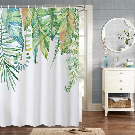 140x180cm Botanique Rideau De Douche Feuille Verte Aquarelle Plante Florale Modèle Rideau De Douche pour Salle De Bain Tissu Polyester Imperméable Ensemble avec Crochets (1/4)