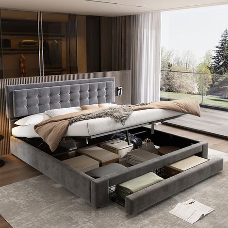 Lit coffre Lit adulte Lit double 180x200 avec rangement intégré,  lit capitonnée -velours - Sommier inclus - gris