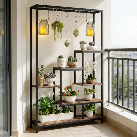 Estantería para plantas de 7 niveles en metal y madera, 6 ganchos S, negro y marrón rústico DESVIAE (1/5)