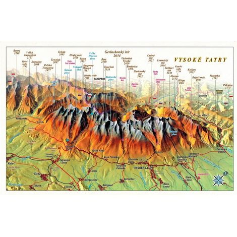 Alti Tatra. Mappa panoramica con effetto 3D. Cartolina (1/2)