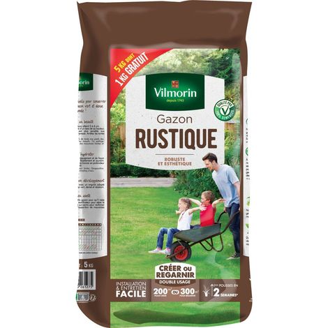 Vilmorin – Gazon rustique 5kg – Résistant au piétinement – Pour terrains difficiles et semi-ombragés – Croissance rapide en 7-14 jours