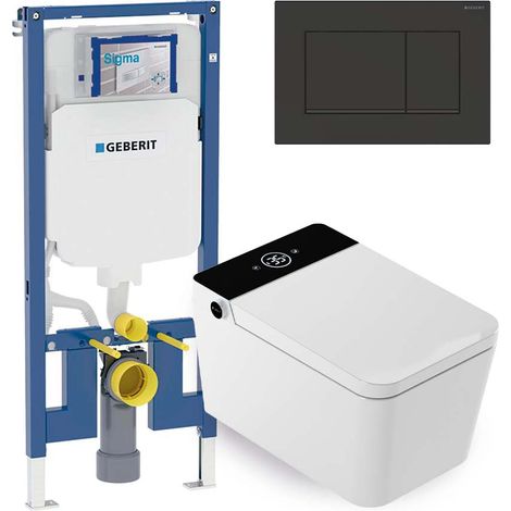 Mizubath - Set WC giapponese sospeso Isla nero - Risciacquo ad acqua - Asciugatura ad aria - Modulo Geberit Duofix 8 cm - Placca comando doppio nero