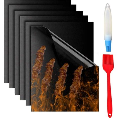 Tapis de BBQ ,Grille Barbecue Tapis Barbecue Set,Tapis de Cuisson réutilisable et résistane à Chaleur Coupe Facile Feuille de Cuisson pour Le BBQ et Four Anti-adhérent avec 1 Brosse (6X40X50 cm) GROOF (1/5)