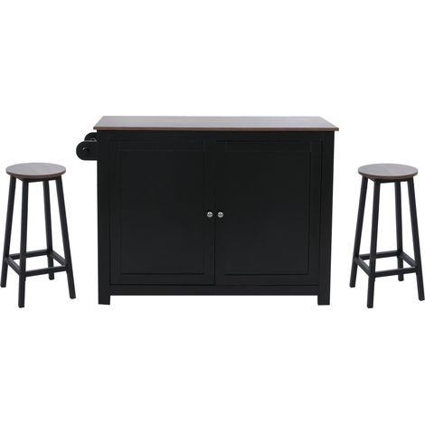 Îlot de cuisine avec 2 tabourets placard de rangement et tiroir 90x120x45 cm noir et bois foncé 040008780 (1/5)
