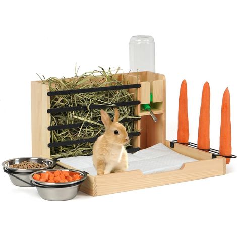 Large Wooden Rabbit Hay Rack, Rabbit Feeder with Bottle, 2 Bowls, Carrot Stand and Automatic Food Dispenser for Dwarf Rabbits, Guinea Pigs, Hamsters (1/5)