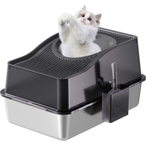 Litiere pour Chat Acier Inoxydable, XXL Bac à Litière Fermé pour Chat, Ouverture en Haut Contrôle des Odeurs, Anti-Fuite avec Amovible Maisons de Toilette pour Chats, 60x40x34.5 cm, Noir (1/5)