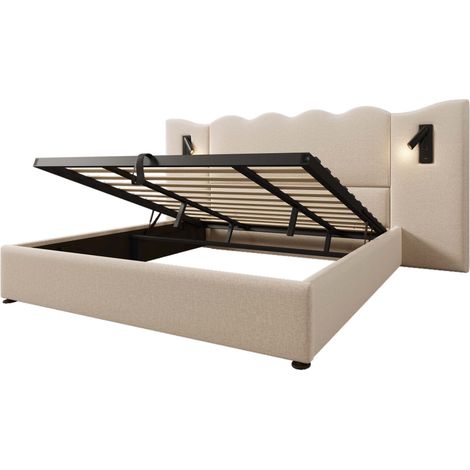 Cama canapé doble 180x200 de lino beige con lámpara de lectura y USB-C (1/5)