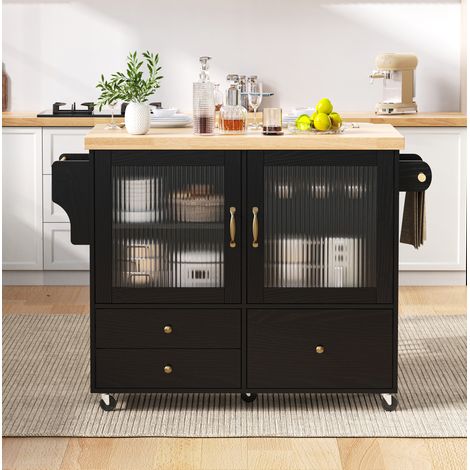 Îlot de cuisine mobile avec plateau extensible, rangements et porte-verres, noir DESVIAE (1/5)