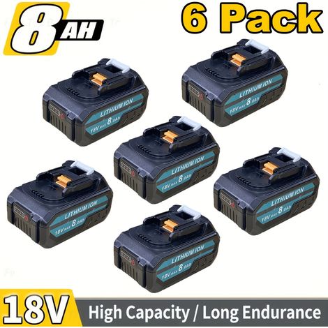 Lot de 6 Batteries BL1850B 8,0Ah + Chargeur 3A DC18RC – Compatible Makita 18V/14.4V. Pour BL1850/BL1860/BL1830. Kit (8,0 Ah 6). (1/5)