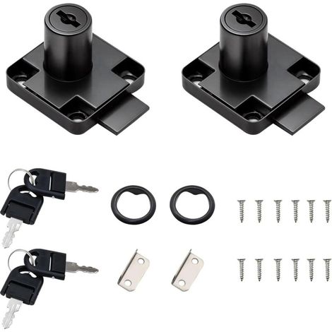 Lot de 2 verrous de tiroir de bureau noir avec 4 clés universelles, vis à base carrée, serrure de sécurité fixe pour meubles, porte de meubles, boîte aux lettres, vitrine en verre (1/5)