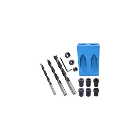 Kit de menuiserie comprenant 14 serre-joints pour trous de poche, foret à goujon à 15°, guide de menuiserie et outil de positionnement d'angle d'assemblage.-Crezuo