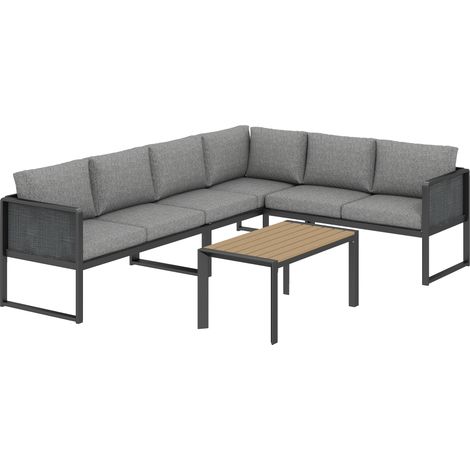 Canapé d'angle modulable 6 places pour jardin extérieur, ensemble salon avec table basse et coussins gris foncé (1/5)