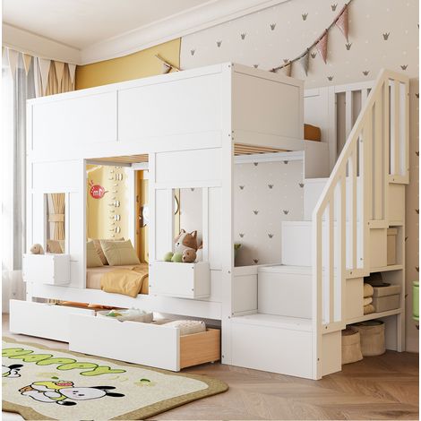 Cama alta infantil de madera blanca de 90x200 cm con escaleras de almacenamiento, cajones y barandillas de seguridad. (1/5)