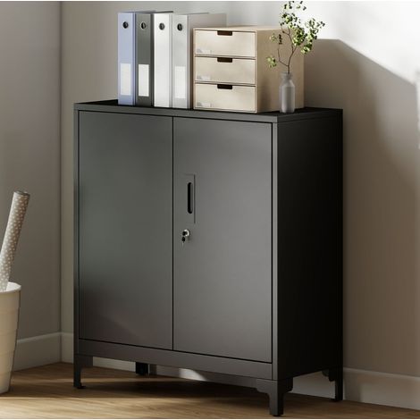 Armario de oficina negro de metal con 2 niveles y puertas dobles con cerradura (1/4)
