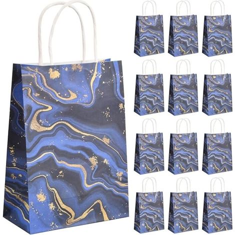 12PCS Pochettes Cadeau Papier, Sacs Cadeaux avec Poignées, Sac de Fête en Papier, Sacs de Bonbons, Pochettes Cadeaux Marbrure pour Anniversaire Mariage Fête Cadeau Emballage (Bleu)