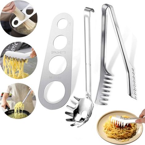Set per pasta in acciaio inox da 3 pezzi composto da pinze per pasta, cucchiaio da portata, forchetta e misurino. Accessori speciali per la preparazione della pasta. Cucchiaio e cucchiaio per pasta. (1/5)