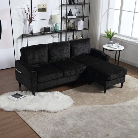 4-Sitzer-Sofa 196.5x75x77 cm schwarz Chenille mit Hocker, Stauraum, Getränkehaltern und Seitentaschen (1/5)