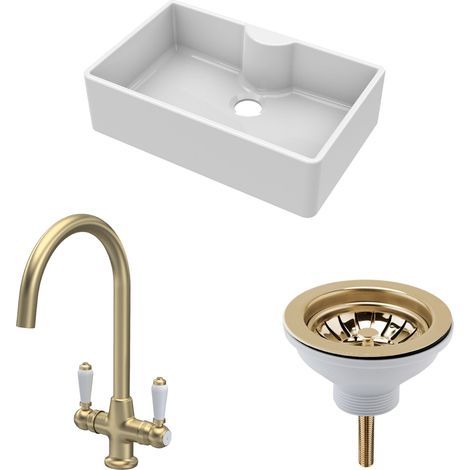 Fireclay Kitchen Bundle - 1 Bowl Butler Sink with Tap Ledge, Waste & Mono Lever Tap - 795mm - Brushed Brass