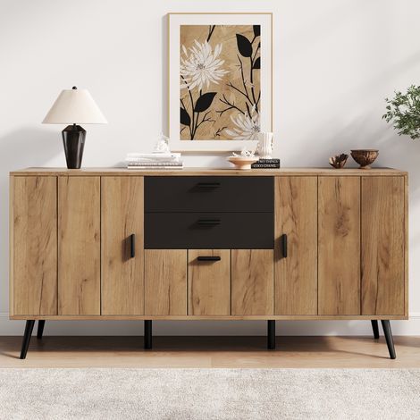 Credenza 140 x 35 x 67 cm in MDF nero e legno, 2 cassetti, 3 ante OKMYHOME (1/5)