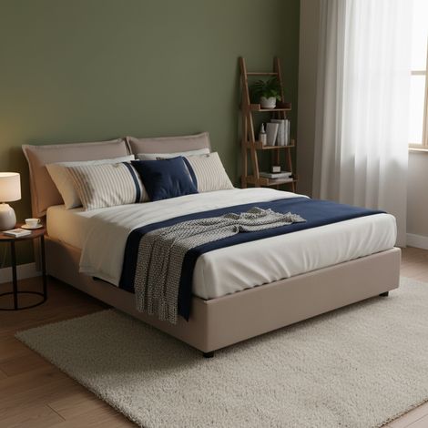 Talamo Italia Cama matrimonial Sabrina, Cama contenedor con revestimiento de tela, 100% Made in Italy, Apertura frontal, con colchón Cm 160x200 incluido, Tórtola, con embalaje reforzado (1/5)