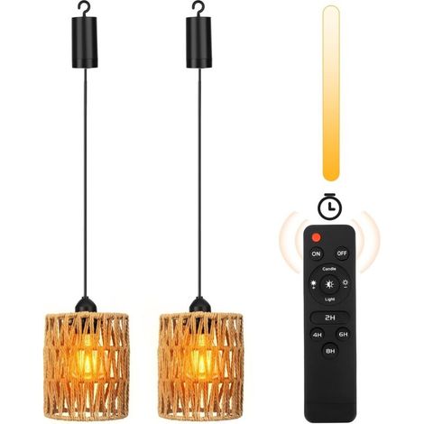 Set aus 2 Rattan-Kronleuchtern, Pendelleuchten für den Außenbereich, dimmbare Rattan-Hängeleuchten für den Innen- und Außenbereich, batteriebetriebene Hängeleuchten mit Fernbedienung für die Terrasse