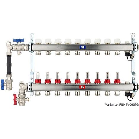 Fußbodenheizungsverteiler aus Edelstahl mit Topmeter für 9 Heizkreise - mit WMZ-Anschlussset 110 mm senkrecht (1/3)
