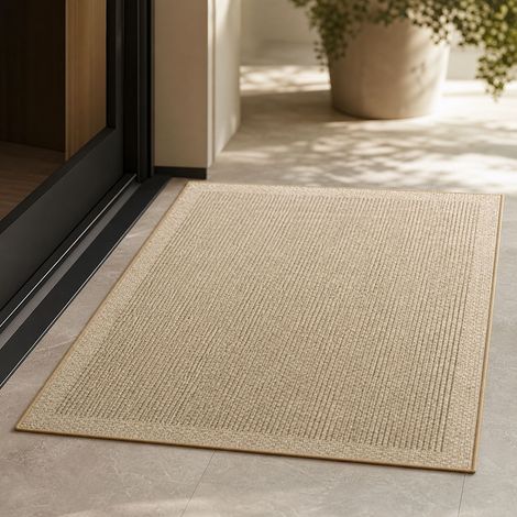 Paillasson Entrée 60x90 cm Polyester Antidérapant Absorbant Design Lin Beige Intérieur Extérieur Résistant aux Taches Facile à Nettoyer (1/4)