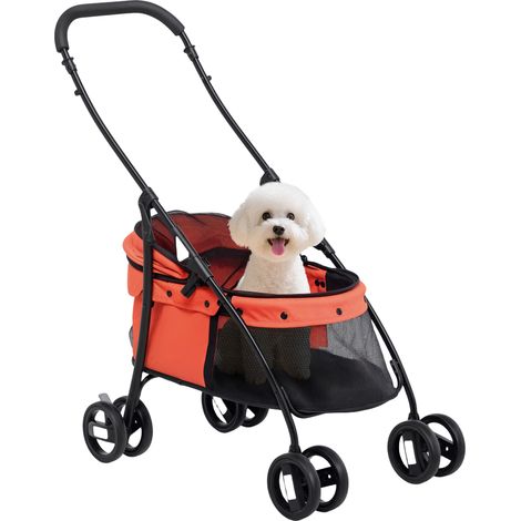 Petite poussette pour chien pliable avec fenêtres en filet, sangles de sécurité et cadre en acier rouge, coussins lavables
