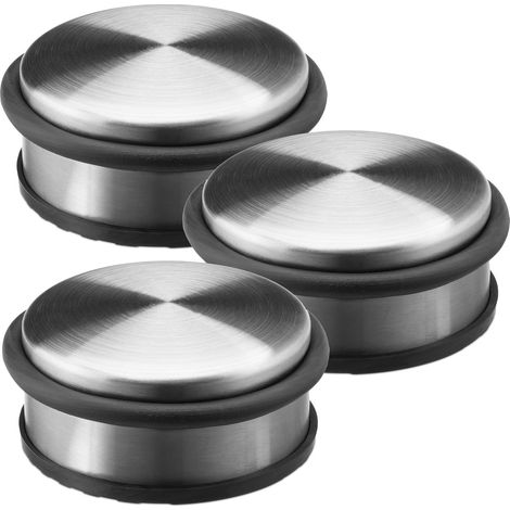 3x Stainless Steel Doorstop, Set With Rubber Ring Protector, 4.5 x 10 x 10 cm, Door Stopper, Silver