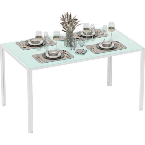 Mesa de comedor rectangular de cristal para 6 personas con patas de metal para cocina o salón, 140x80x75 cm, blanca (1/5)