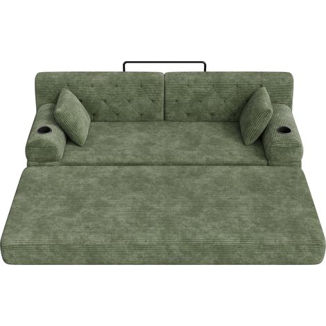 Canapé-lit 3 places vert en velours côtelé avec dossier haut, cadre métal, porte-gobelets et pochettes latérales (1/5)