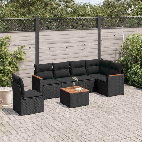 Ensemble de canapé de jardin 7 pièces avec coussins, en polyrotin noir (1/5)