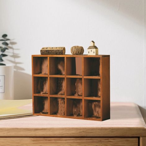 Étagère murale rétro en bois massif à 12 compartiments, boîte de rangement en bois, vitrine de bureau pour poupées, 12 compartiments (1/5)
