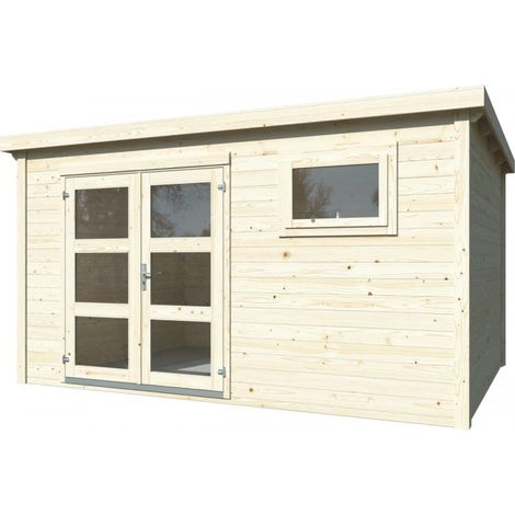 Casetta da giardino in legno 385x282 cm, pareti 28 mm grezze con porta doppia e finestra, per deposito attrezzi esterno - Esterni da Vivere
